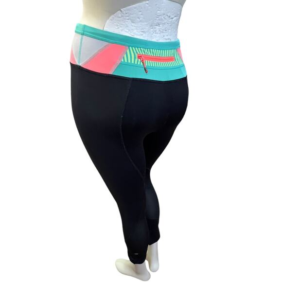 Lululemon Black Yoga Leggings with Turquoise/Coral Striped Waistband - Size 4 - Picture 15 of 16